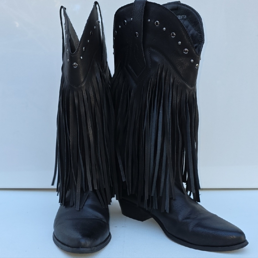 466. SheSole Black Fringe Studded Cowboy Boots - Size 39 (US 8-8.5) - Picture 2 of 7